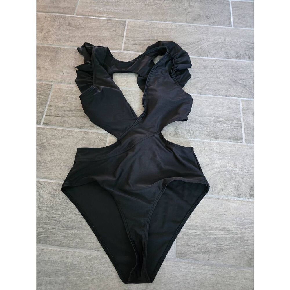 Women's BoujieBum Black One Piece Cutout Swimsuit with Ruffle Flutter Sleeve Top